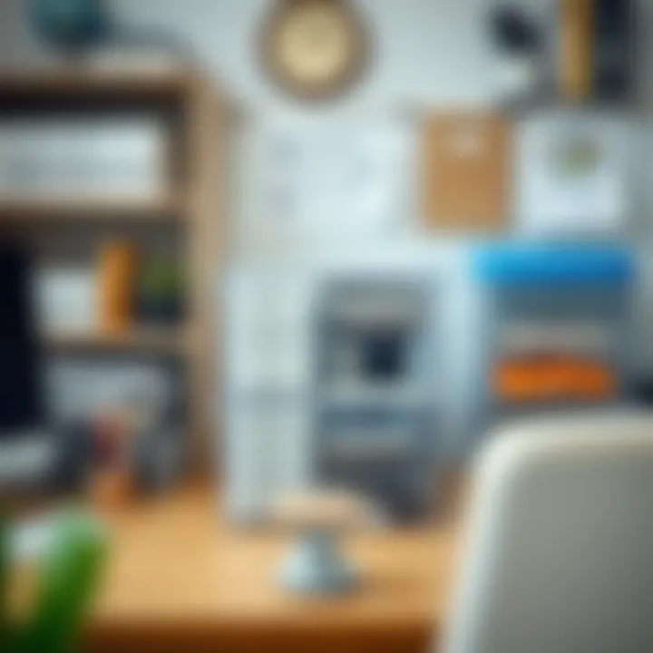 A beautifully organized home office space featuring acrylic stackable storage bins filled with office supplies.