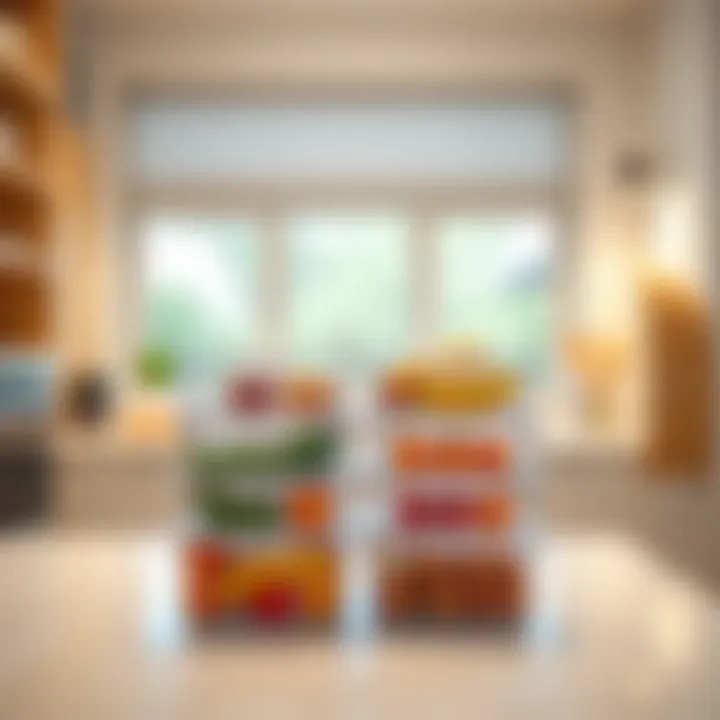 Acrylic stackable storage bins in a modern kitchen, demonstrating their versatility in food storage.