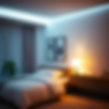 Ambient lighting created by LED light strips in a bedroom