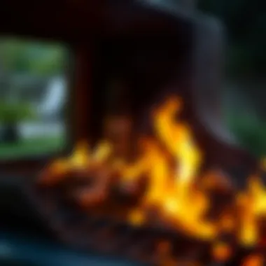 A close-up view of a barbecue grill with flames and smoke, showcasing the cooking action.