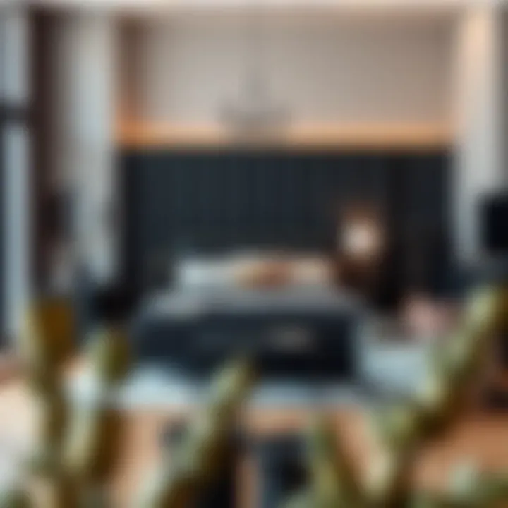 A beautifully styled bedroom featuring a black bed set