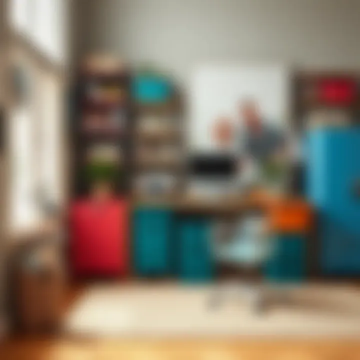 Color storage bins used as decorative elements in a home office