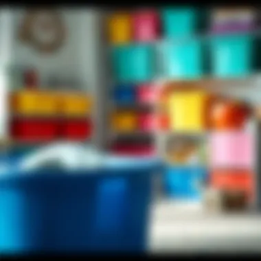 Organized playroom featuring colorful storage bins