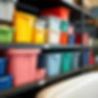 Various types of color storage bins displayed on a shelf