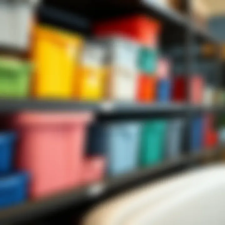 Various types of color storage bins displayed on a shelf