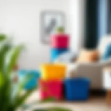 Vibrant color storage bins arranged in a stylish living room