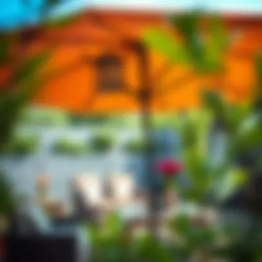 An elegant installation of a sun umbrella providing shade over outdoor furniture in a garden.