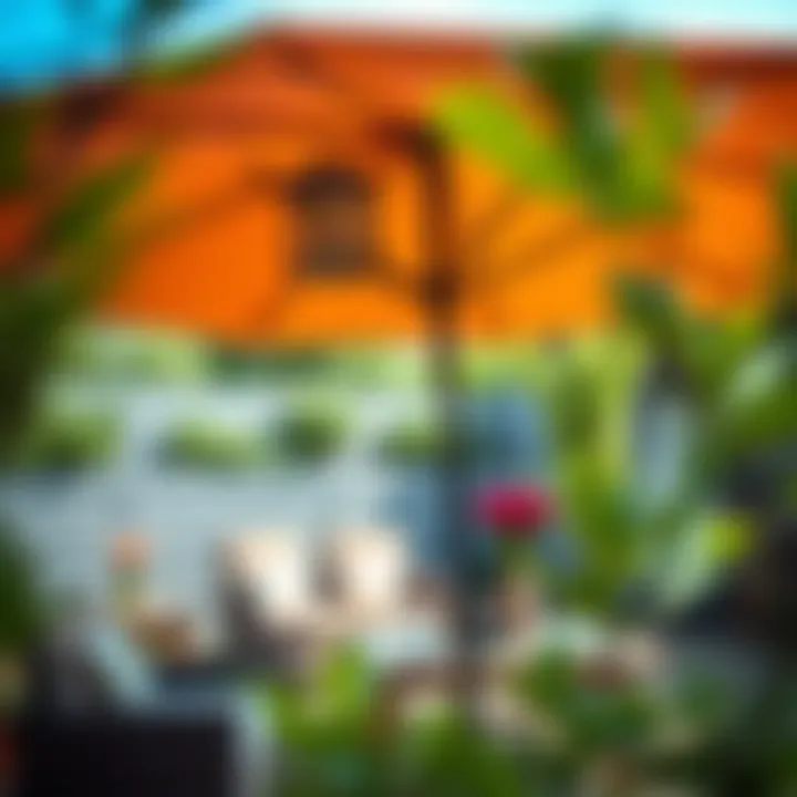 An elegant installation of a sun umbrella providing shade over outdoor furniture in a garden.