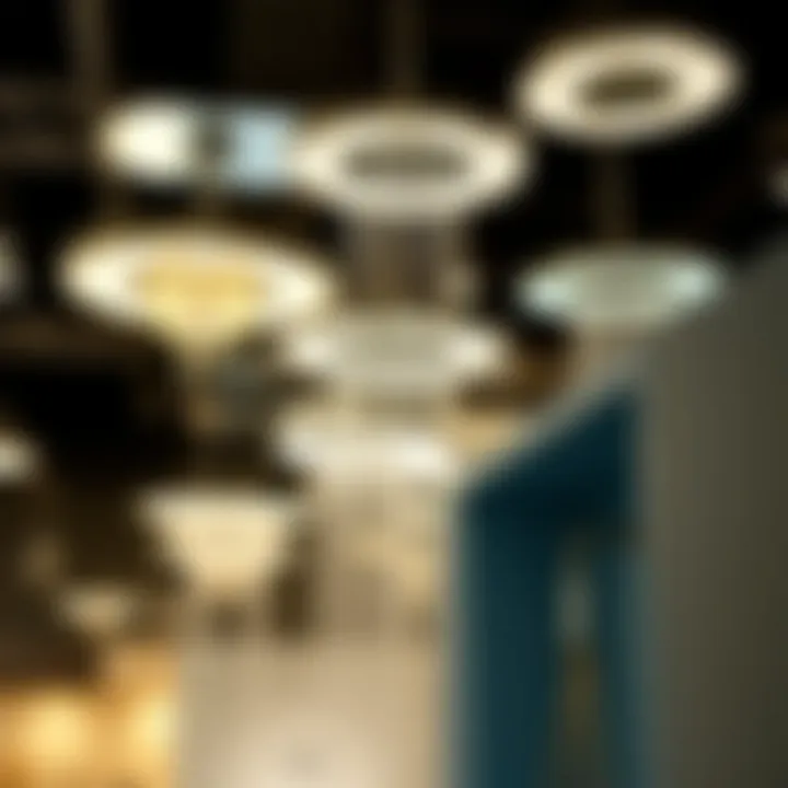 Diverse styles of overhead shower light fixtures displayed in a showroom