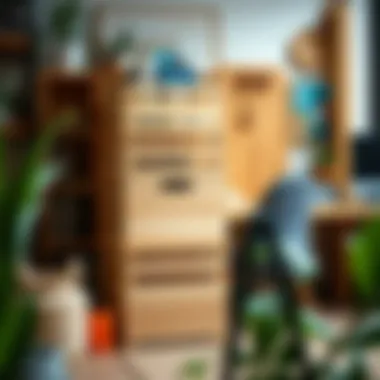 Versatile stackable wood storage bins used in a creative workspace