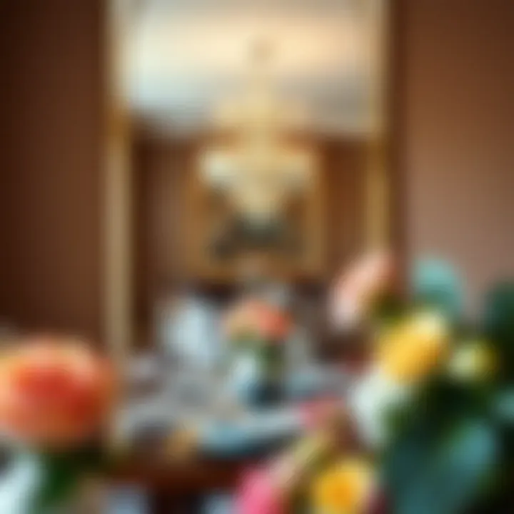 Stylish large mirror reflecting a beautifully set dining table