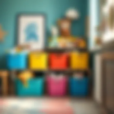 Colorful storage bins in a playful children's room