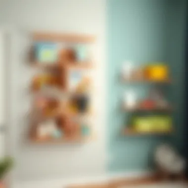 Wall-mounted shelves displaying organized toys and books