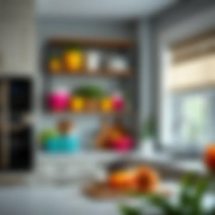 Stylish kitchen with colorful and decorative organizer racks