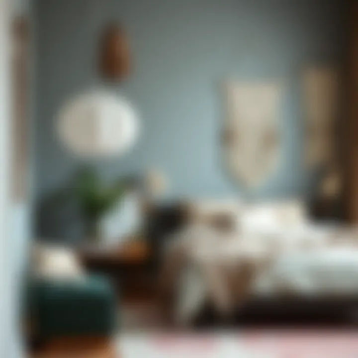 A serene bedroom featuring macrame wall art that complements the decor.