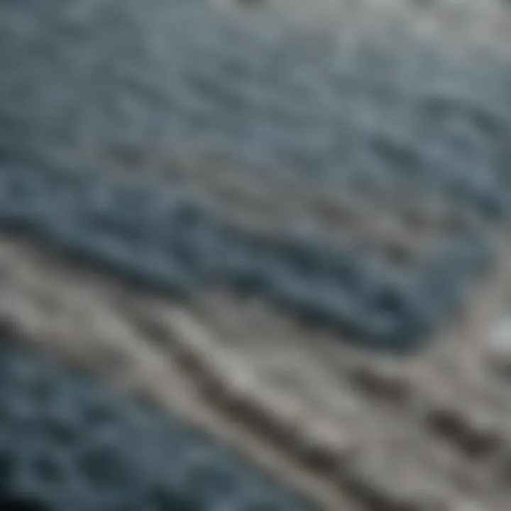 Close-up of textured blue and grey bathroom rug