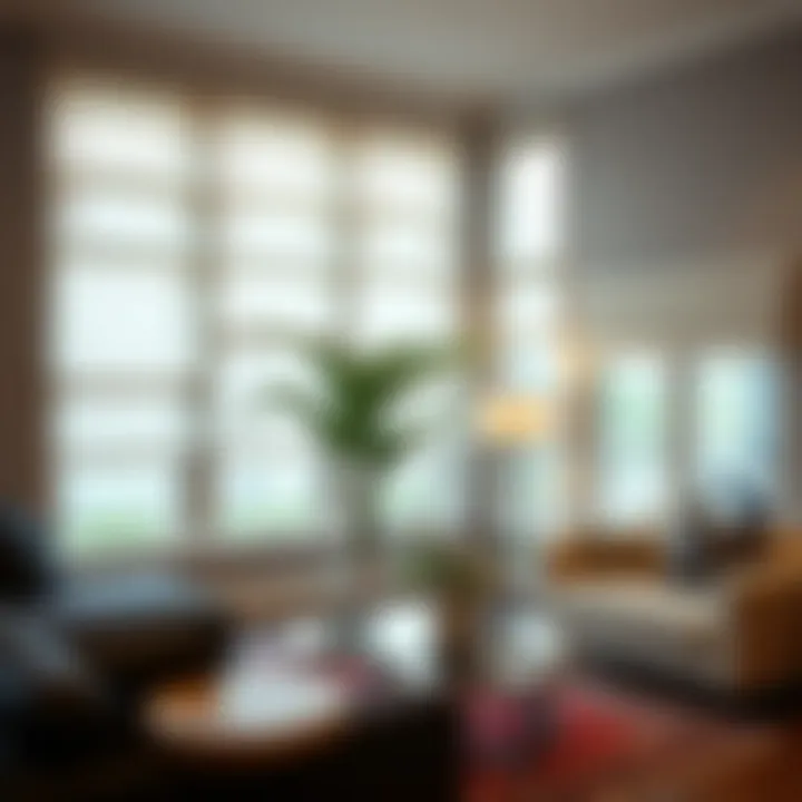 Stylish living room featuring automatic window blinds enhancing decor