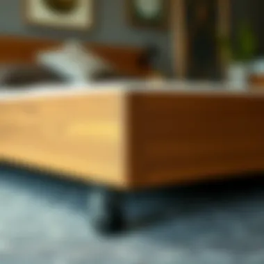Close-up of a queen platform bed frame showcasing wheel functionality