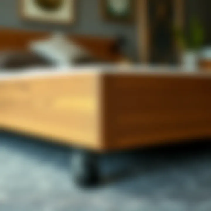 Close-up of a queen platform bed frame showcasing wheel functionality