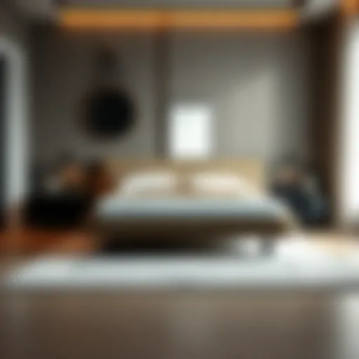 Elegant queen platform bed with wheels in a modern bedroom