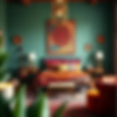 Colorful bohemian bedroom with artistic wall art