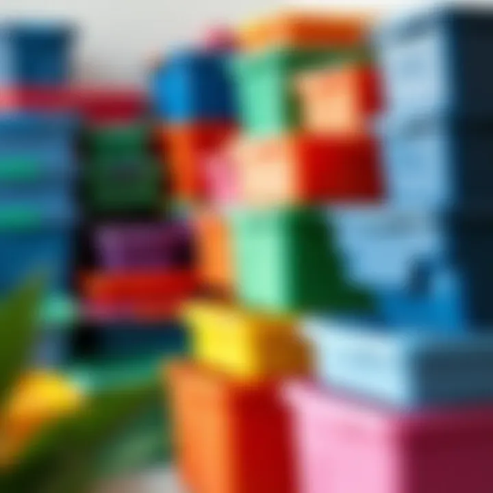 A collection of colorful plastic storage bins with lids neatly arranged