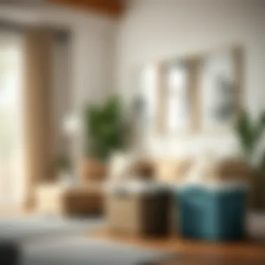 A stylish living room featuring decorative plastic storage bins with lids