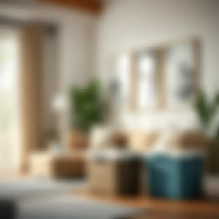 A stylish living room featuring decorative plastic storage bins with lids