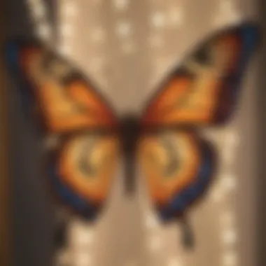 Close-up view of intricate butterfly designs on string lights