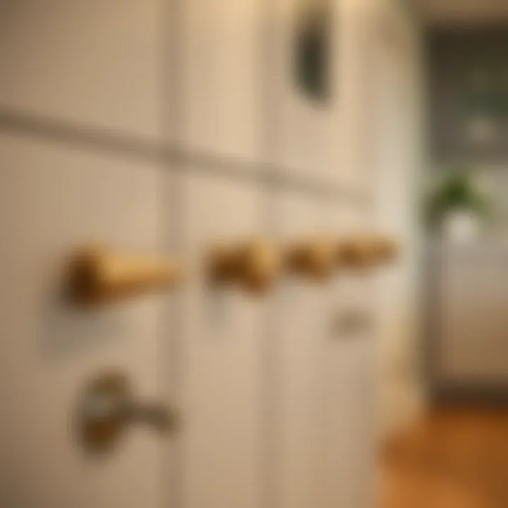 Close-up of matching cabinet knobs and pulls in a modern kitchen
