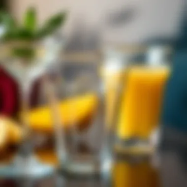 Close-up of clear plastic juice glasses showcasing design details