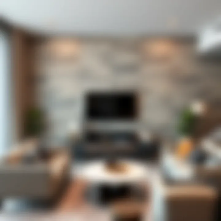 Modern living room with fake wood wall tiles and elegant decor