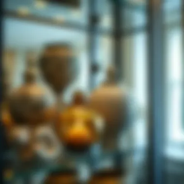 Close-up of decorative items inside a glass curio cabinet