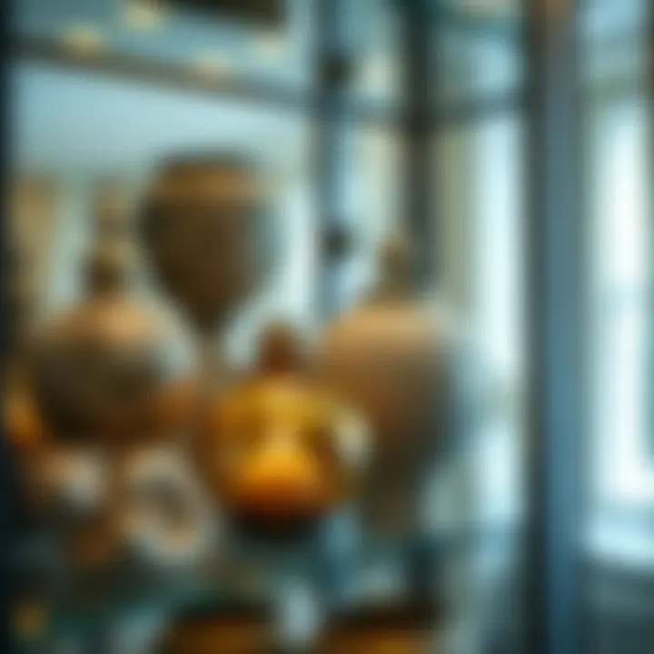 Close-up of decorative items inside a glass curio cabinet