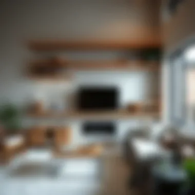 Stylish living room featuring hardwood floating shelves