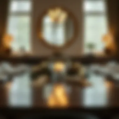 Decorative centerpiece on a large square dining table enhancing the dining aesthetic