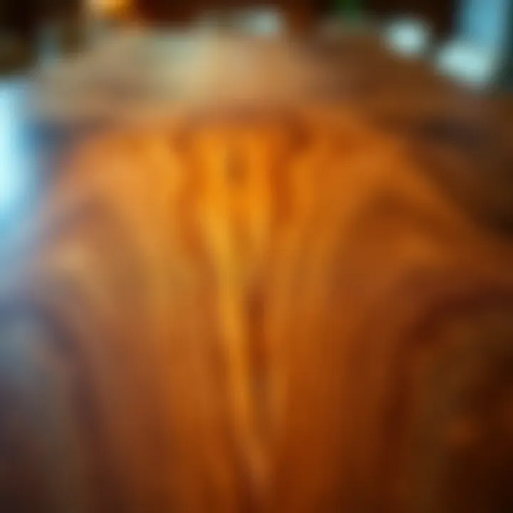 Close-up of the intricate wood grain on a large square dining table
