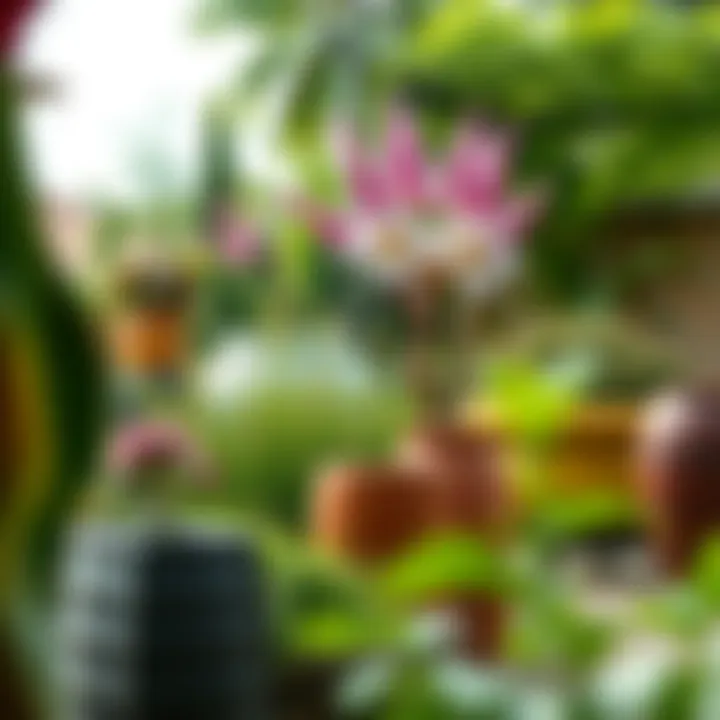 Diverse designs of large tall outdoor pots in a garden setting