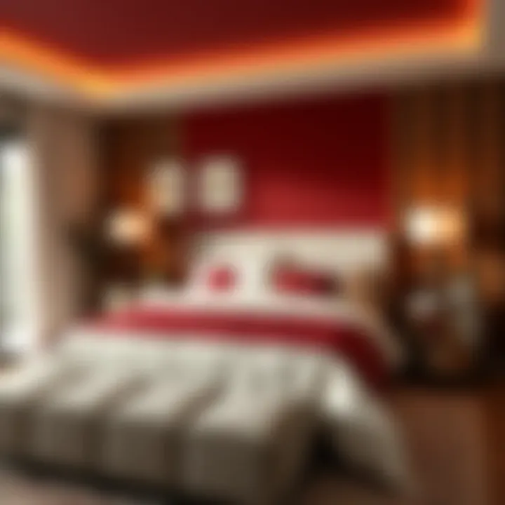 A serene bedroom featuring maroon bedding as a focal point