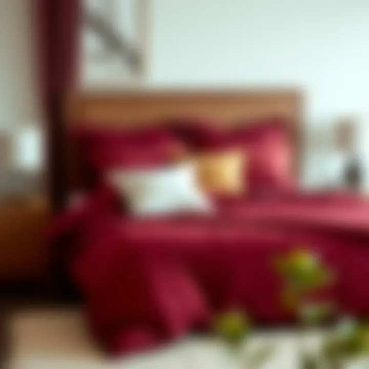 Stylishly arranged maroon bedding with decorative pillows