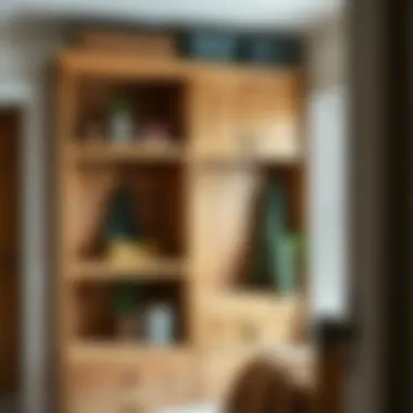 Rustic wooden mudroom cabinet with open shelving