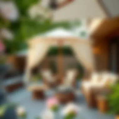 Beautifully designed outdoor space featuring a curtain-adorned umbrella