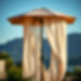 A stylish patio umbrella with flowing curtains swaying gently in the breeze