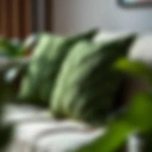 Close-up of a textured green leaf pillow on a modern sofa