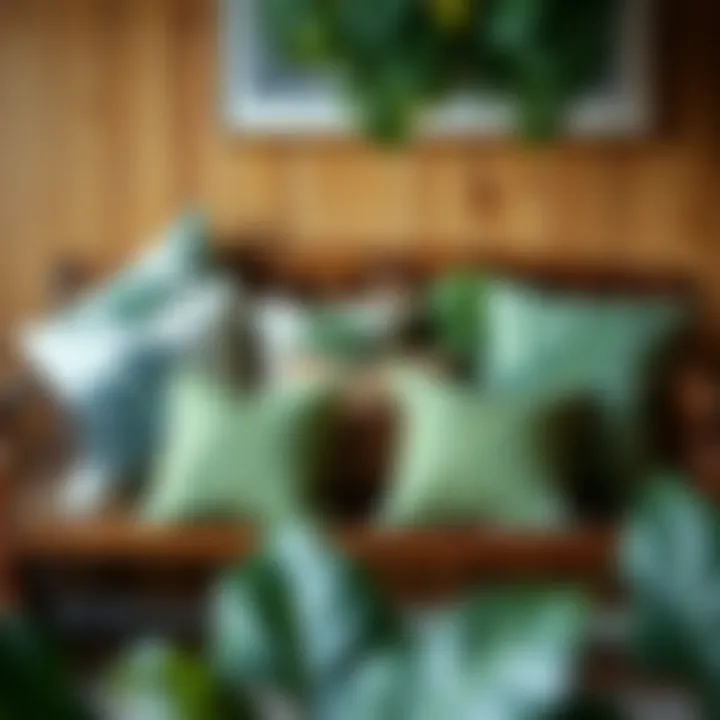 Variety of plant leaf pillows displayed on a rustic wooden bench