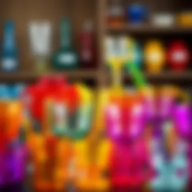 Variety of colorful plastic glasses with handles arranged creatively