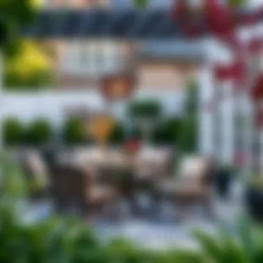 Elegant rattan patio dining set in a lush garden setting