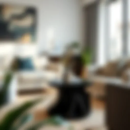 Elegant round black end table in a modern living room setting