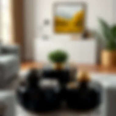 Stylish arrangement of round black end tables with decorative accents