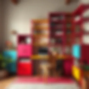 Colorful shelving options in a cozy home office